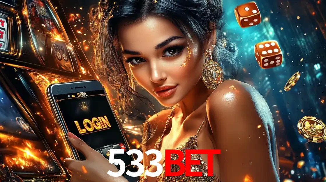Mulher glamourosa segurando um celular com a tela de login do cassino 533BET, rodeada por dados e moedas douradas, pronta para começar a diversão.