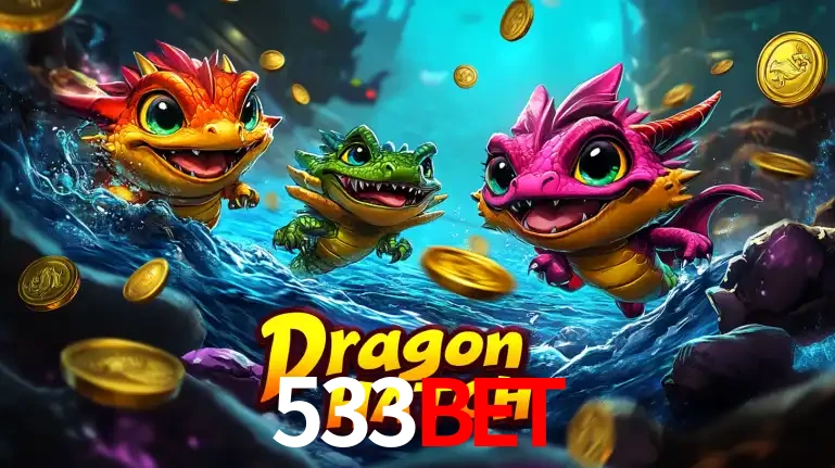 Arte promocional do jogo Dragon Hatch com três adoráveis dragões bebês nadando entre moedas de ouro, um dos slots mais divertidos para jogar no cassino 533BET.