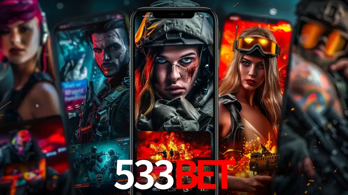 Montagem de telas de celular mostrando diversos personagens, masculinos e femininos, de um jogo de tiro, ilustrando a diversidade de equipes de e-sports para apostar no 533BET.