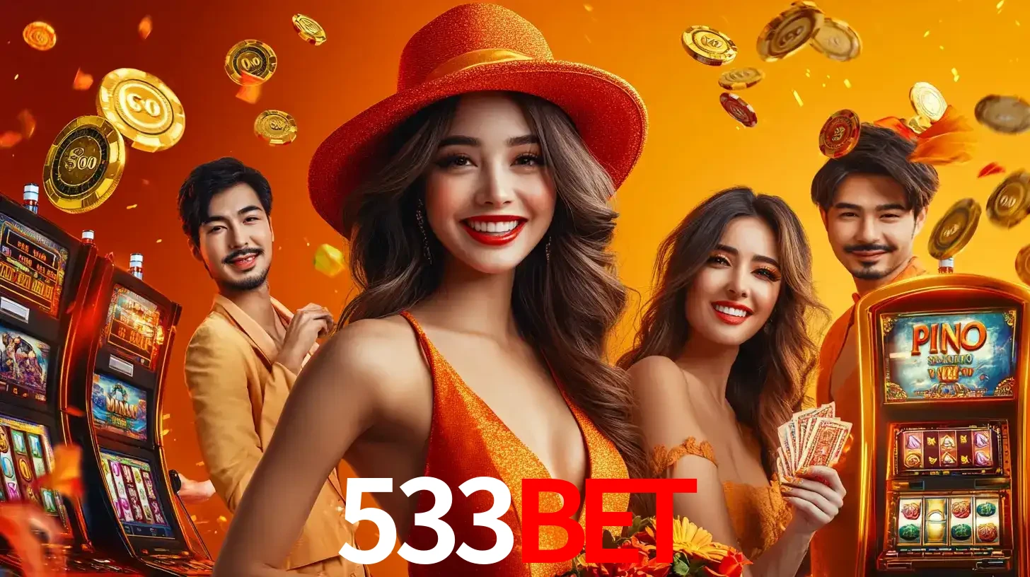 Grupo de amigos asiáticos sorrindo e se divertindo com máquinas de caça-níqueis em um ambiente festivo, celebrando suas vitórias nos jogos de cassino do 533BET.