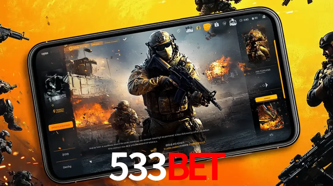 Um smartphone exibindo a interface de um jogo de tiro em primeira pessoa, com um soldado em um cenário de batalha, representando a ação dos e-sports para apostar no 533BET.