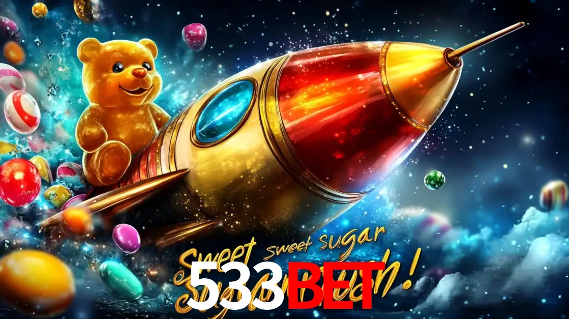 Arte promocional do jogo de slot Sugar Rush, com um urso de pelúcia em um foguete viajando pelo espaço de doces, um dos jogos divertidos disponíveis no cassino 533BET.